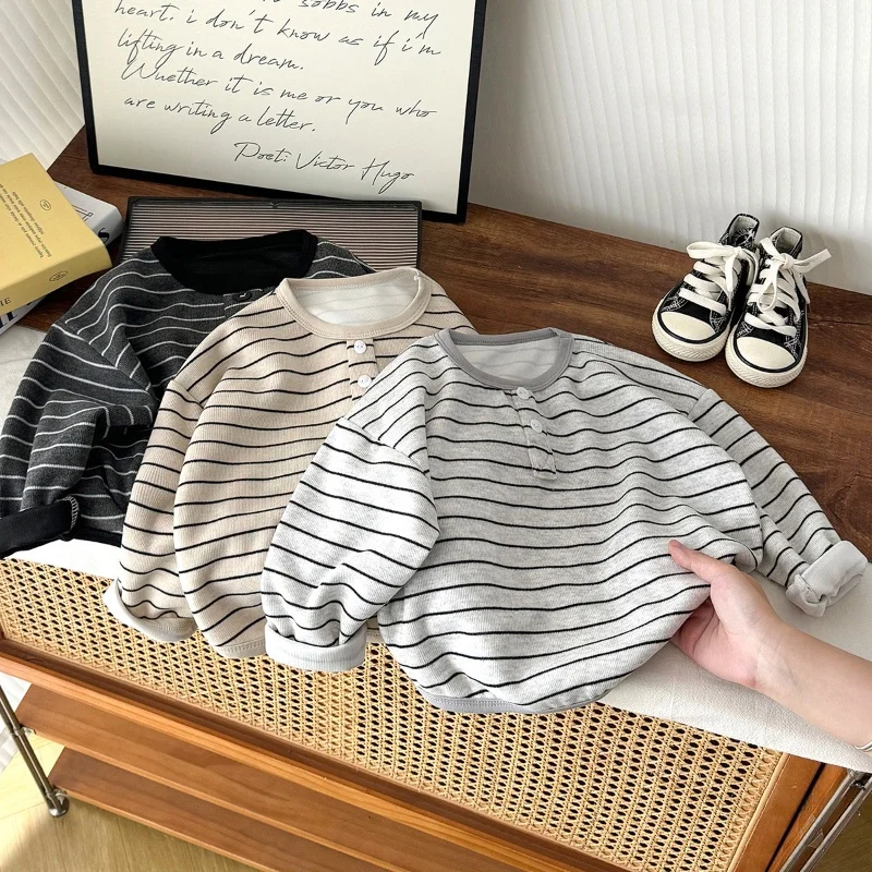 

Striped Long Sleeve T-Shirt Unisex Autumn Children Cotton Base Layer Top Boys Girls Korean Style Casual Outfit
