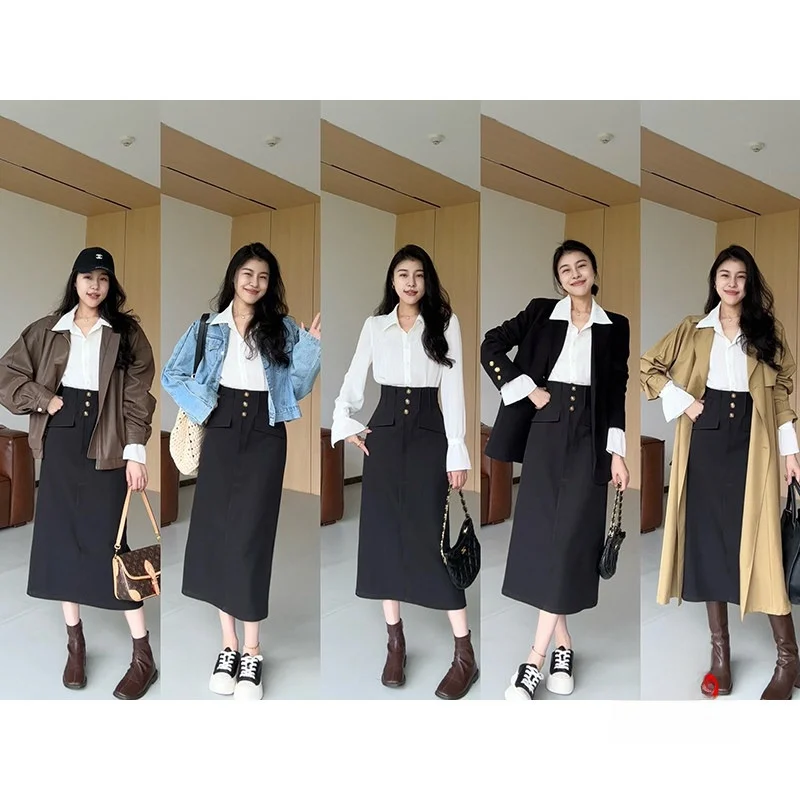 

Элегантная юбка А-силуэта с высокой талией, цветными вставками, приталенная, универсальная, с длинным воротником, на одной пуговице, из полиэфирного волокна