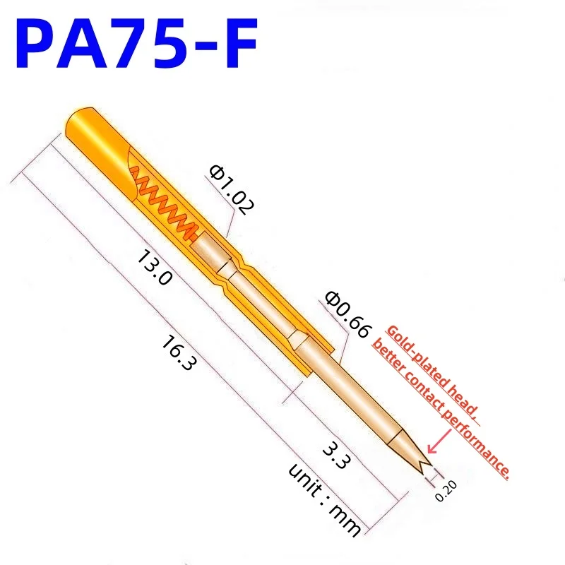 

100PCS PA75-F1 Spring Test Probe PA75-F Test Pin PCB Test Tool 16.3mm Dia 1.02mm Gold Needle Tip 0.66mm Pogo Pin P75-F P75-F1