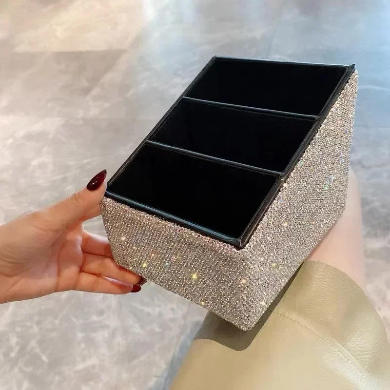 Bling Rhinestone Remote Control Organizer Table Desktop Multifunction Storage Box Desk Stationery Sundries Cosmetics Organizer