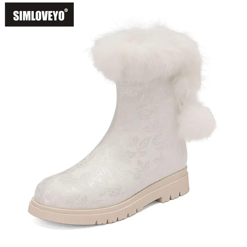 

SIMLOVEYO Новые черные теплые женские сапоги до середины икры с круглым носком, 2,5 см, левые каблуки, большой размер 41, 42, 43, нескользящие женские туфли на молнии с цветком для девочек, осень