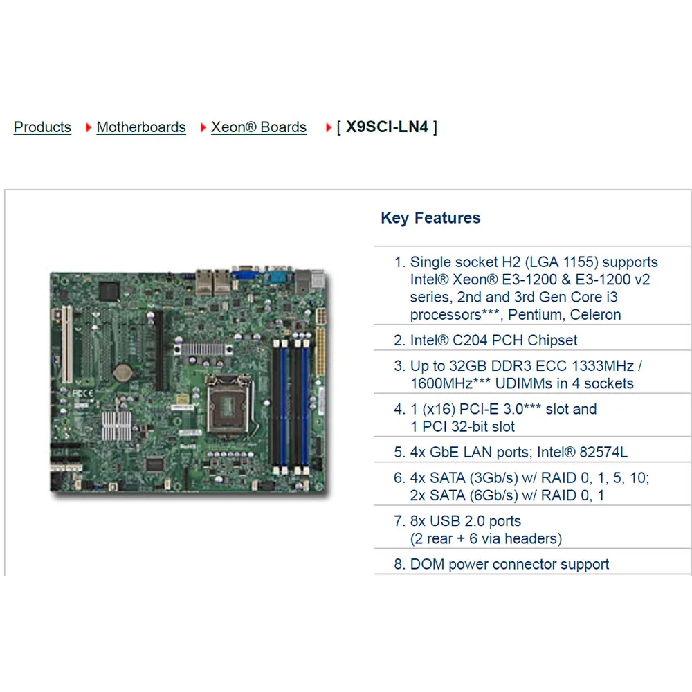 X9SCI-LN4 dla Supermicro Four Gigabit LAN Card Server ATX Motherboard 1155 Intel C204 Xeon E3-1200 v2 Series 2/3rd Gen Core i3