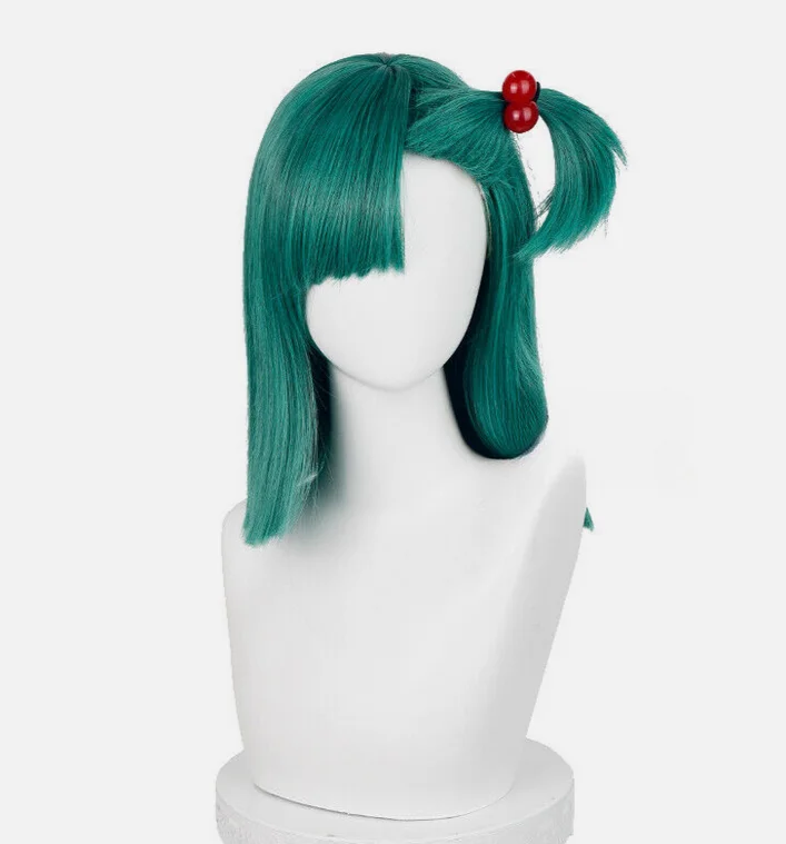 Bulma Wig Buruma Cosplay Wig Short Straight Green Women Wigs with Red Haripins