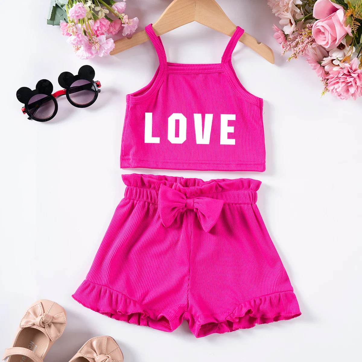 Baby Girl Alphabet Printed Set LOVE Printed Camisole Top + Solid Color Ruffle Shorts Set Cute Baby Clothing 0-24M