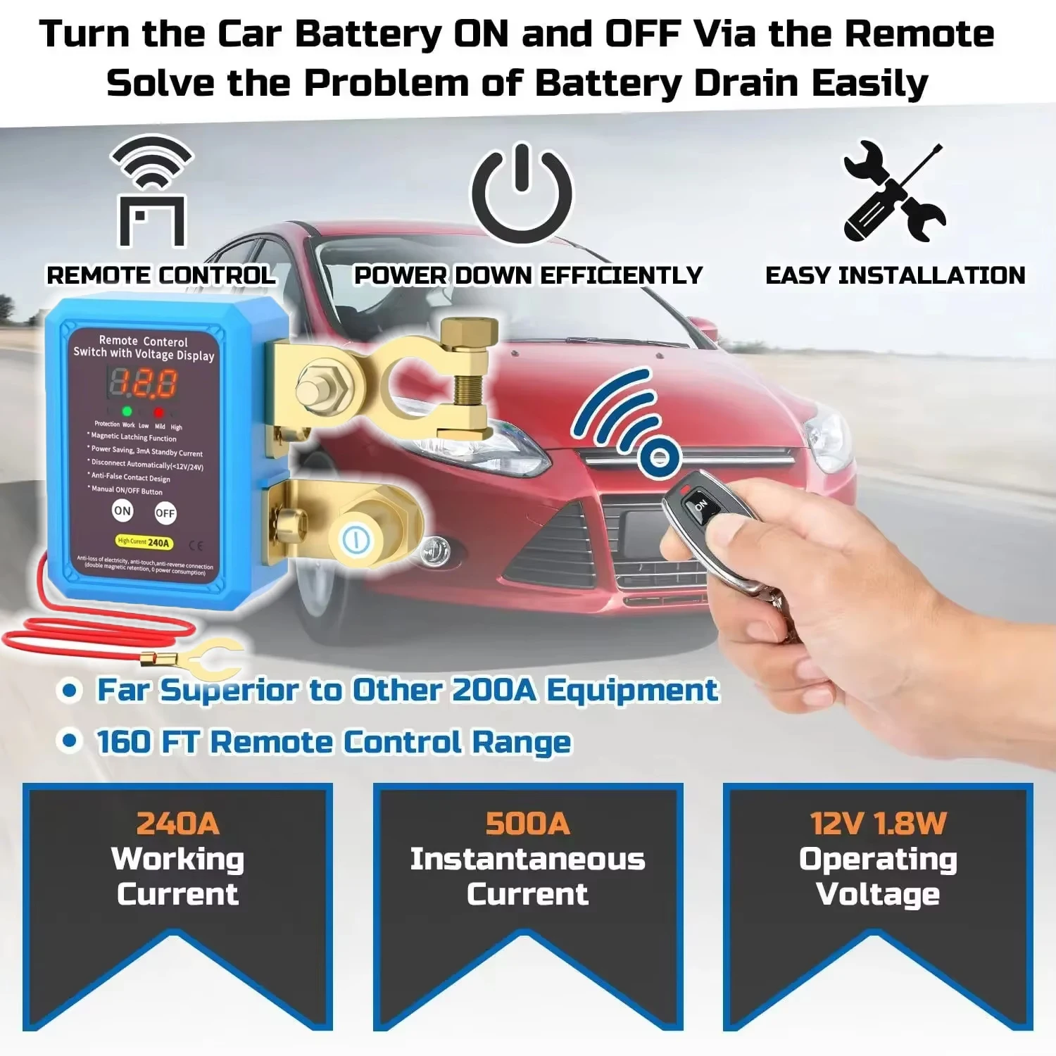 Car Battery Remote Switch Anti-Loss Leakage Protector Intelligent Start Circuit Breaker 160 Feet Remote Control Distance