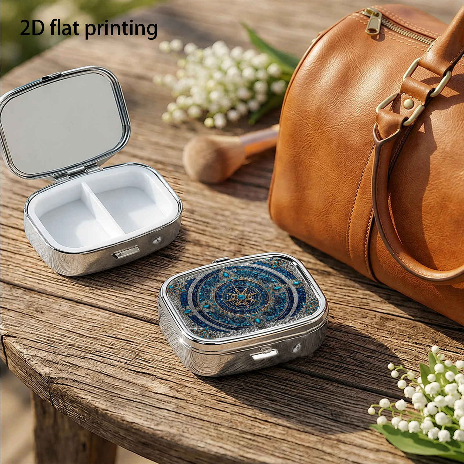 Multi-Layered Blue Background with Vintage Embossed Star Compass European-Style Pattern, Small Square Pill Organizer with Two Compartments, Portable Medicine Storage, Can Also Be Used as a Home Portable Organizer, Decorative Box, Perfect for Handbags, Wallets, and Travel, Metal Storage Box, Small Jewelry Organizer, Holiday Gifts, Souvenirs, Prizes, Small Gifts
