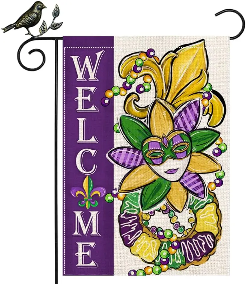 GEEORY Mardi Gras Garden Flag 12.5 x 18 Inch, Fleur de Lis Beads Crawfish Carnival Celebration Double Sided Decorative Flag For