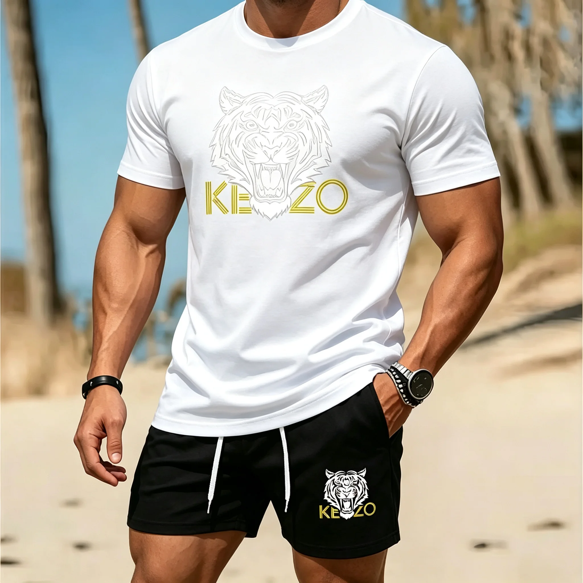 Men Summer Tiger Stripe 2 Piece Tracksuit Breathable Quick Dry Short Sleeve T Shirt Shorts Set Gym Running Sportswear view 4