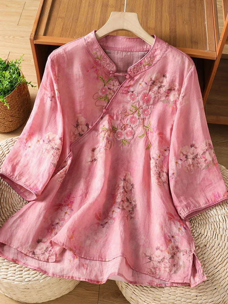 

New Chinese Style Women's Loose Fit round Neck Shirt Embroidered Silk Versatile Summer Shirt Comfortable Breathable