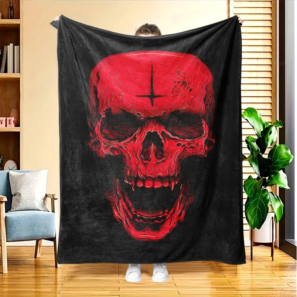 Red Vampire Skull Inverted Cross Black Base Flannel Throw Blanket Soft Warm Cover For Sofa Bedroom Gothic Dark Style Decor Gift