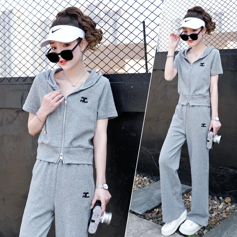 

Summer Sporty Casual Short Sleeve Wide Leg Pants Set Women's Two Piece Set Fashionable Street Style Salt System Trendy Outfit