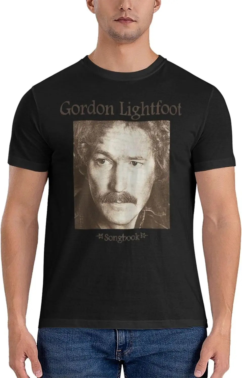 Gordon Music Lightfoot Men's Short Sleeve T-Shirt Double Sided Printing Casual Crew Neck Tops Black