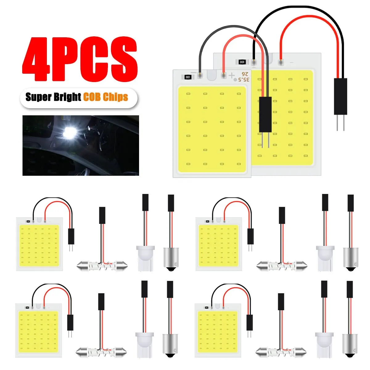 4szt Festoon LED COB LED Żarówki 31mm 36mm 39mm 41mm z gniazdem T10 BA9s C5W Samochodowe światło kopułkowe Auto Car Interior Reading License Led