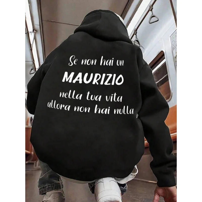 Sweat à capuche noir imprimé pour hommes, Design de texte Maurizio, en coton de haute qualité, tenue de rue décontractée pour un usage quotidien et les voyages