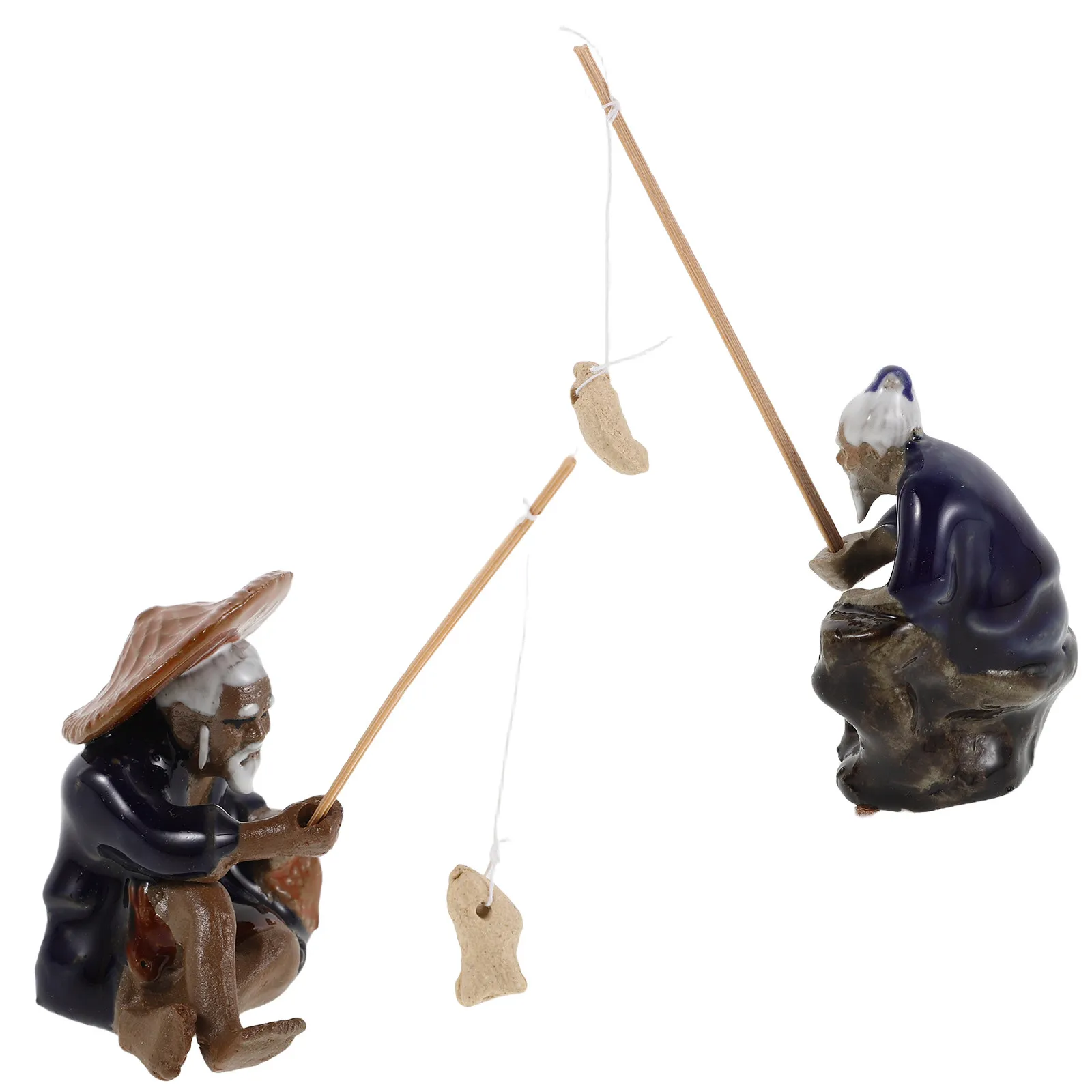 2Pcs Lightweight Ceramic Old Fisherman Statues for Asian Garden Bonsai Micro Landscape Aquarium Fountain Tiny Decor Mini Scene