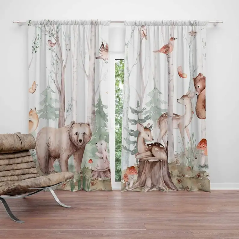 Forest Animals Curtains Kids Nursery Curtains Black Out Curtains Nursery Decor Baby Room Woodland Bedroom Living Room Curtains