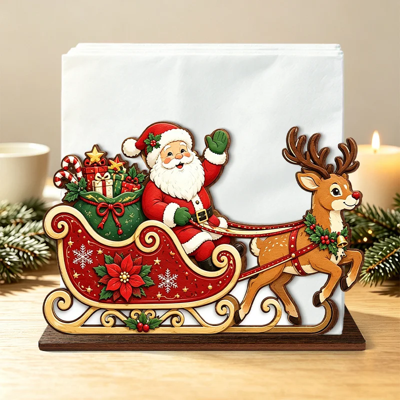 Christmas Santa Claus Sleigh Wooden Napkin Holder Reindeer Pulling Sled with Presents Tabletop Tissue Dispenser 1pc/3pcs