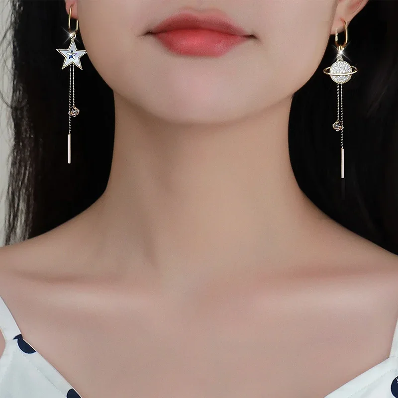 2024 New Trend Star Earth Long Tassel Dangle Earrings For Women Planet Crystal Statement Pendant Earrings Wedding Party Jewelry