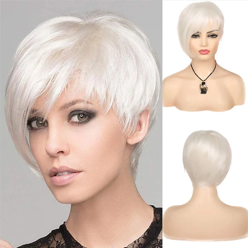 

HAIRJOY Women Short Straight White Wig with Fringe Pixie Synthetic Hair Wigs Heat Resistant Cosplay Halloween Party Costume