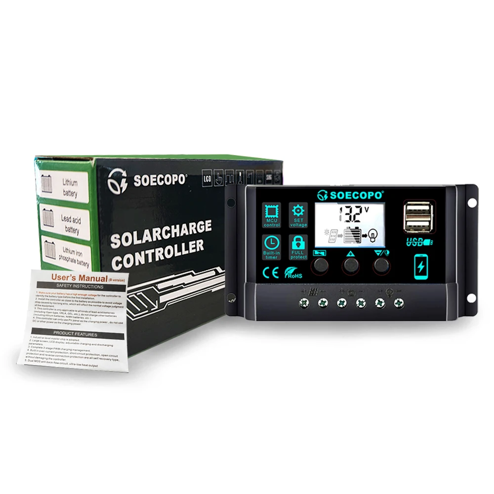 12V/24V 100A Solar Charge Controller AutoSwitch LCD Display with Overcharge/Short Circuit Protection for RV Boat Off-Grid System