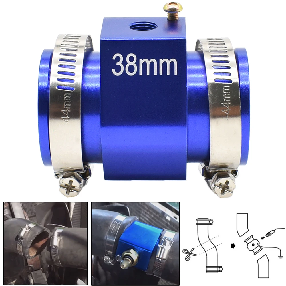 Universal Car 38mm Water Temp Temperature Gauge Coolant Radiator Hose Joint Pipe Adapter Aluminum Blue Adjustable Clamps Sensor