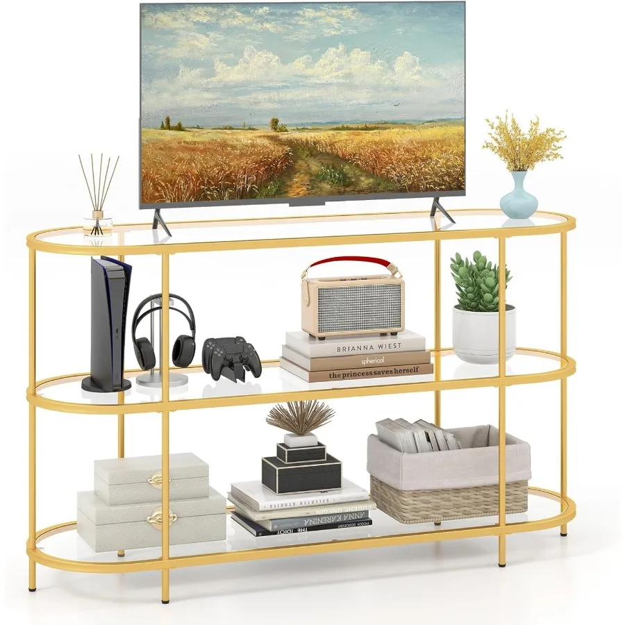 

Gold Oval TV Stand for TVs up to 65 3-Tier Console Table with Tempered Glass Shelves and Golden Metal Frame Modern Media Center