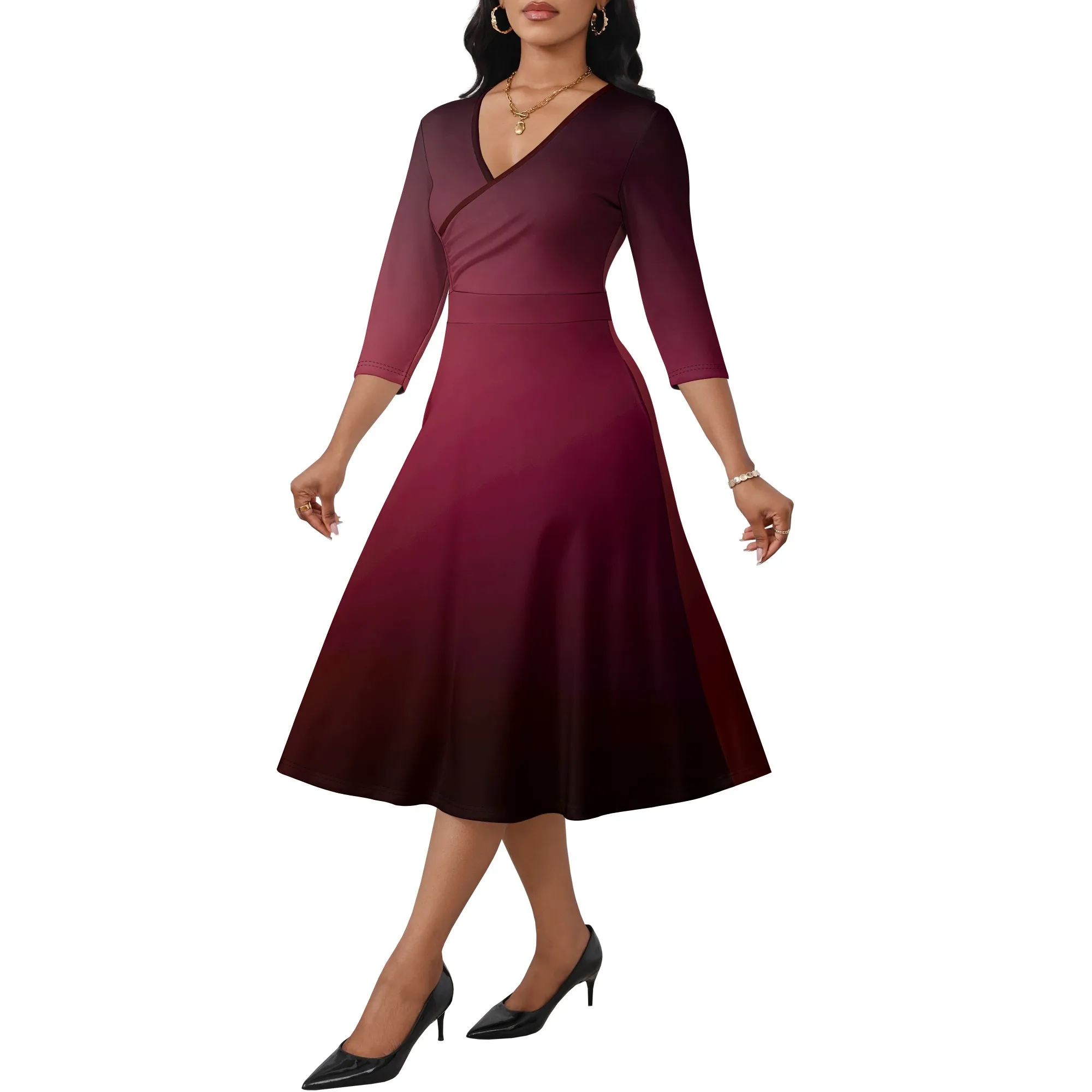 

Women's Casual High Waist V Neck 3/4 Sleeve A Line Midi Dress Print Flowy Fashion Boho Dresses Wedding Guest Sundress