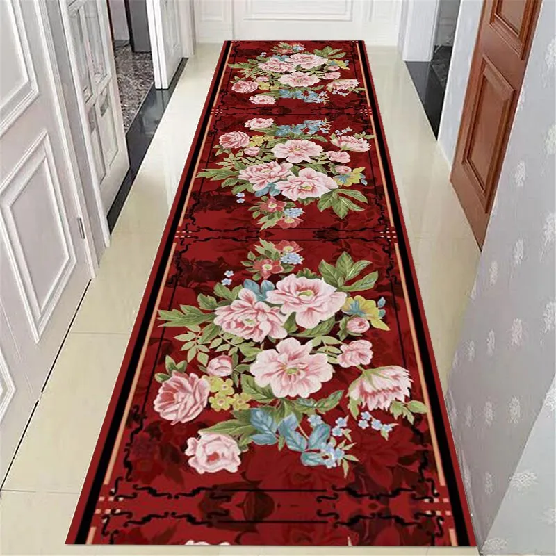 Reese Red Endless Traditional Chinese Peony Rose Lobby Porch Hallway Corridor Bright Color Carpet Lint-free Living Room Long Rug