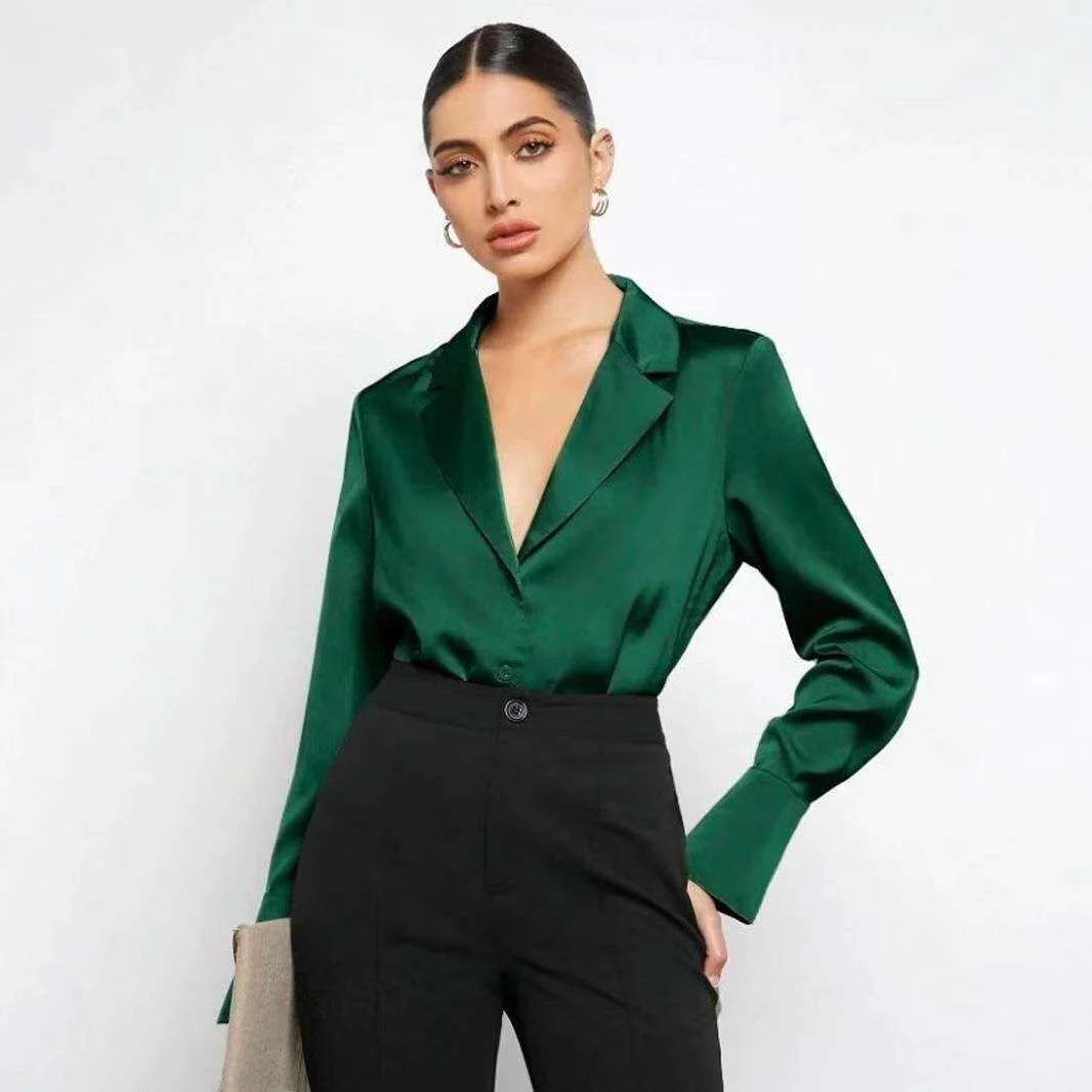 

Silk Satin Long Sleeve Shirt Simple Design Spring Summer New Style Women's Top Cross-Border Independent Station