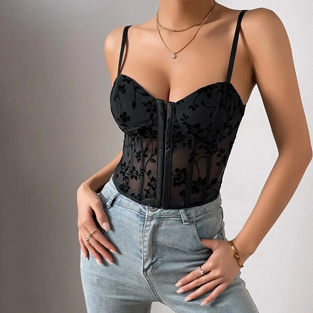 Women\'s Summer Corset Tops Front Buckle Floral Spaghetti Straps Mesh Bustier Top Cute Camisole Tank Tops Streetwear