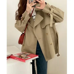 Estilo inglaterra trincheira curta com cinto de moda feminina lapela dupla breasted blazers primavera outono cores sólidas lapela chique fino casaco