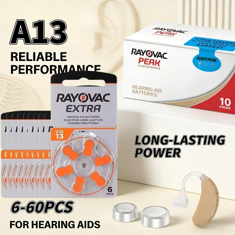 6-60pcs Rayovac Peak A13 13A 13 P13 PR48 1.45V Zinc Air Hearing Aid Batteries for CIC BTE RIC Hearing Aids