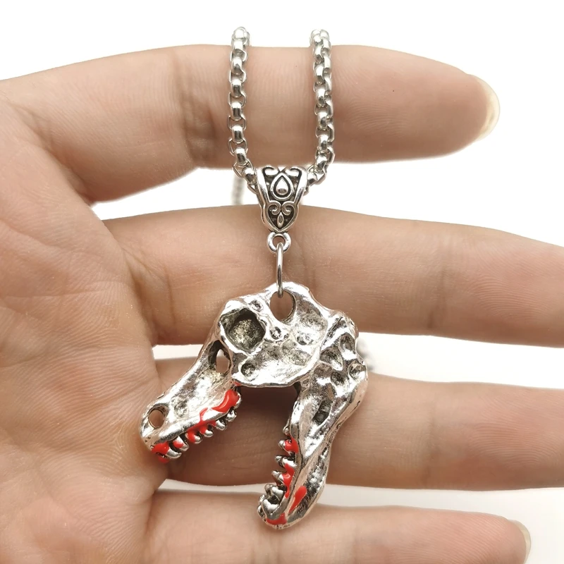 Goth Punk T-Rex Dinosaur Skull Skeleton Pendant Chain Necklace for Women Man Handmade Charm Jewelry Wholesale