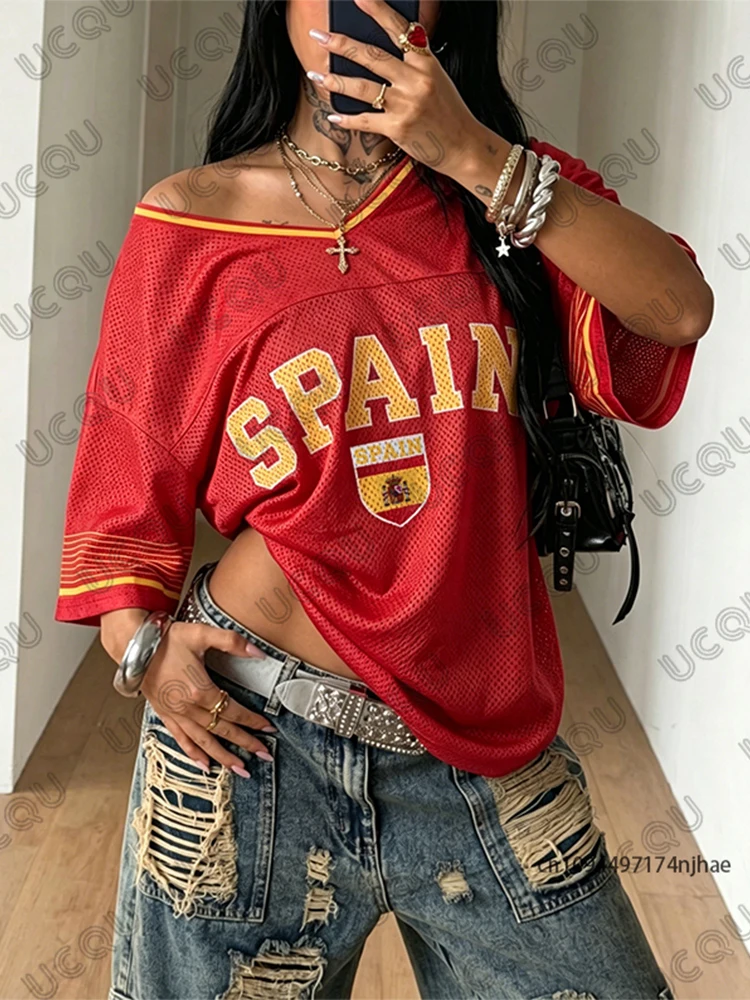2026 Sommer Neues Spanien-Flaggen-Print T-Shirt für Damen V-Ausschnitt Kurzarm Tees Fußballtrikot Y2k Locker Übergroße Sport-Tops – Detail 3