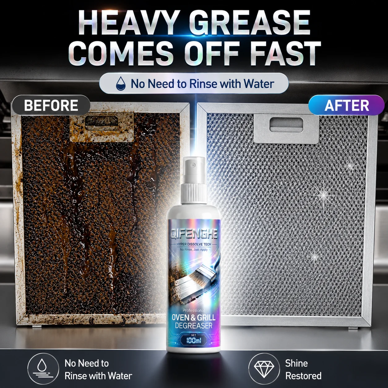 Heavy Duty Oven & Grill Degreaser, 100ml Kitchen Metal Cleaner & Rust Remover, Fast-Acting Grease Stain Remover No Rinse