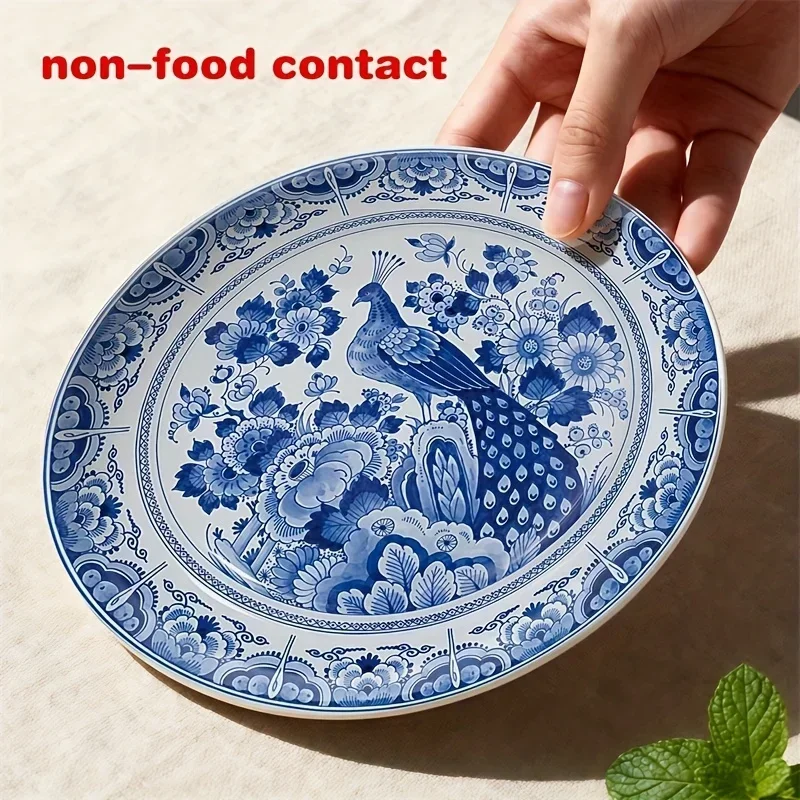 Single-Pack Decorative Plate, Blue and White Peacock Porcelain Plate, Elegant Ceramic Decorative Plate for Wall Decor, Non-Food