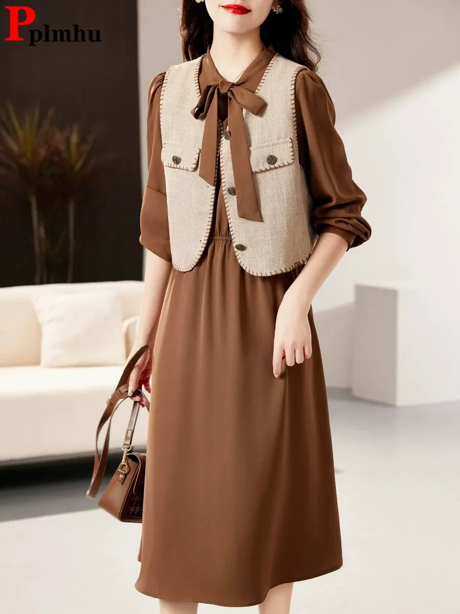 Design coreano elegante fino 2 peça define feminino casual sem mangas colete topos conjuntos primavera outono sólido a-forrado vestido longo outfit