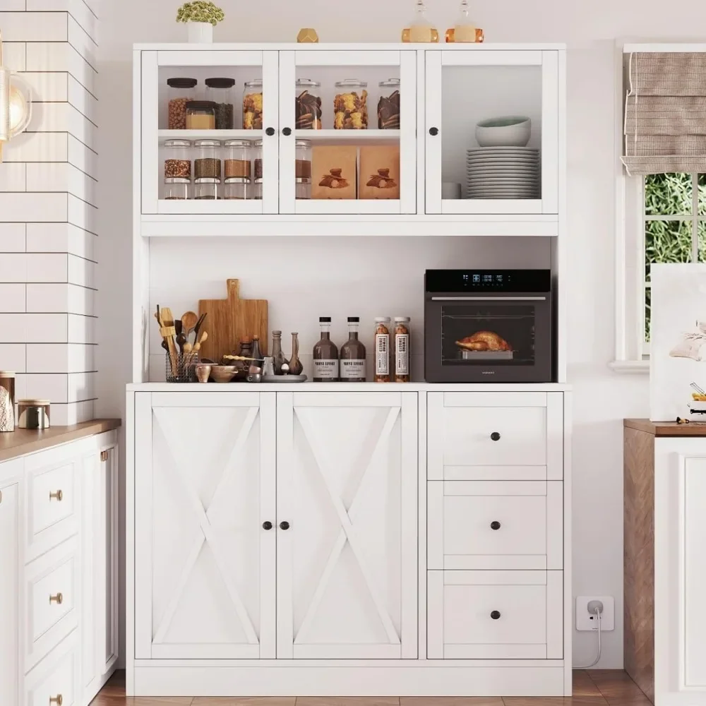 70.9'Kitchen Pantry Cabinet Kitchen Hutch with Microwave Stand &Charging Station, Farmhouse Tall Storage Cabinet with Countertop