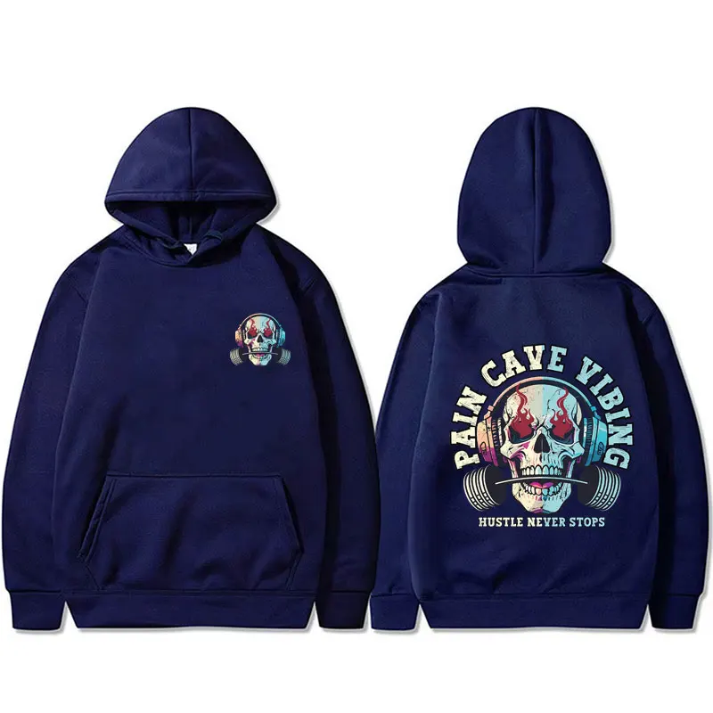 Pain Cave Vibing Hustle Never Stops Double Sided Printed Hoodie Funny Skull Graphic Pullover Male Fashion Casual Fleece Hoodies