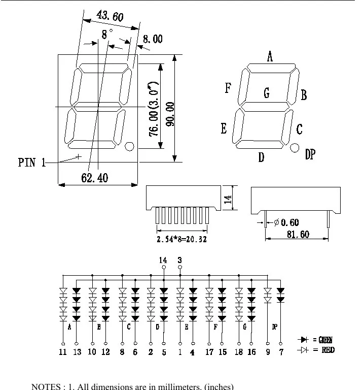 Display Digital LED Nixie Tubo, 7 Segmento, Vermelho e Cor Verde, 1 Bit, Ânodo Comum, 5PCs, 3 em, 3 em