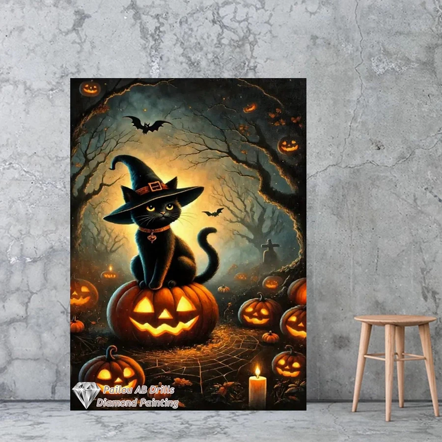 Halloween Terrifying Scene Black Cat AB Diamond Painting Kits 5d Diy Full Drills Mosaic Cross Stitch Embroidery Home Decor Gift