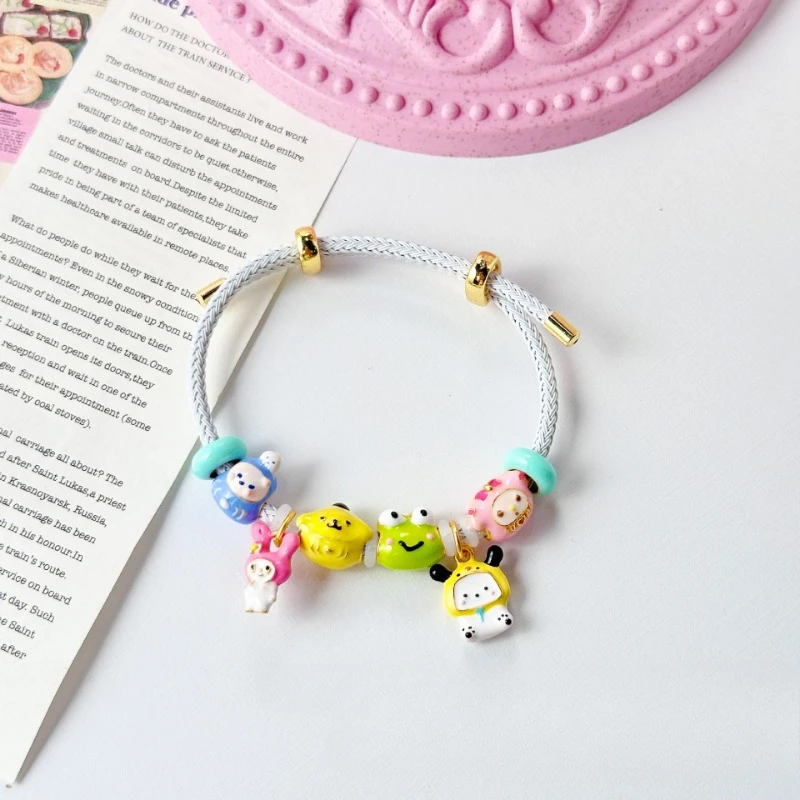 Sanrio Cartoon Cute Pochacco Cinnamoroll Dopamine Drip Oil Hand-Painted Alloy Beaded Bracelet Girl's Heart Bracelet Holiday Gift