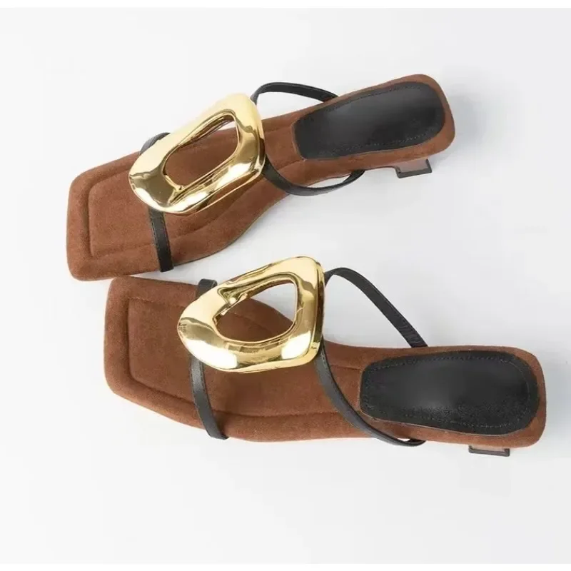 2024 Summer Square Toe Open Toe PU Women's Slippers Outdoor Versatile Clip Toe Casual Flat Metal Buckle Thick Heel T-Sandals