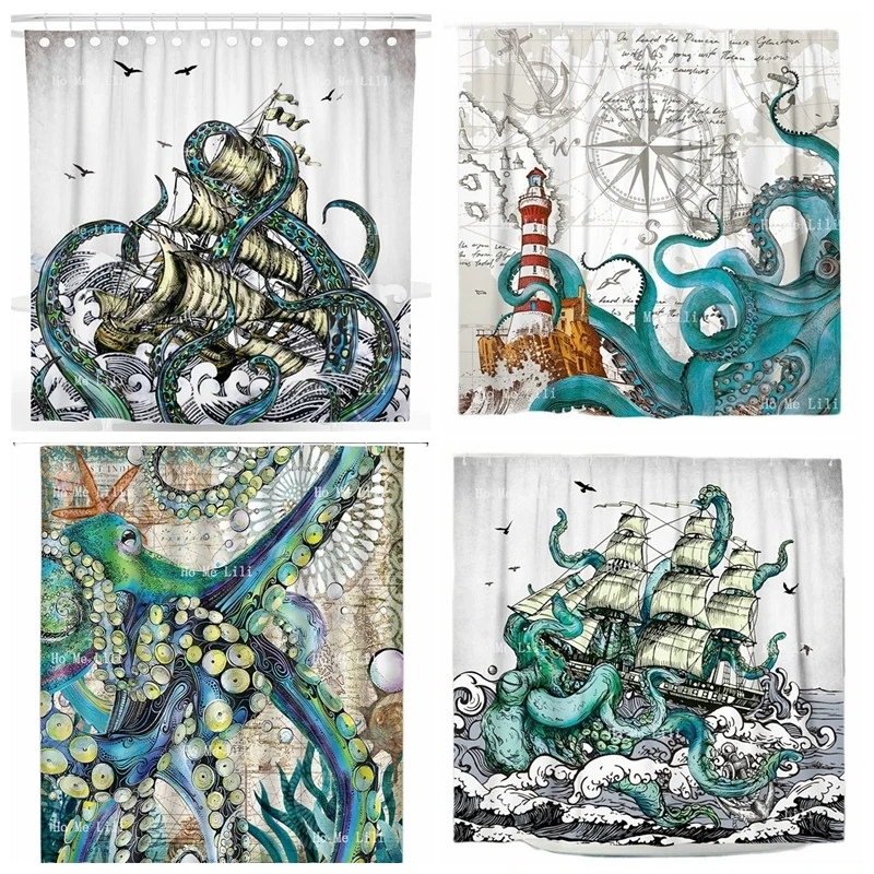 Turquoise Octopus Shower Curtain Ocean Cool Kraken Asian Anime Sailboat Vintage Sea Wildlife Monster Tentacles Teal Art Print