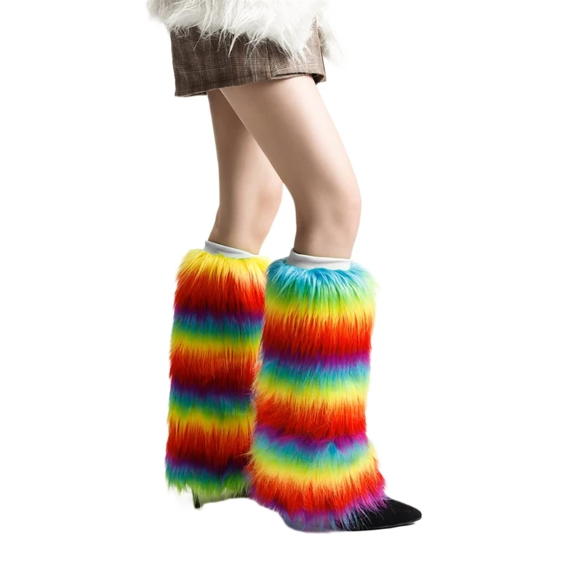 Women Aesthetic Fuzzy Leg Warmer Boot Cuffs Japanese Bright Rainbow Colorful Striped Plush Leggings Leg Cover Long Socks