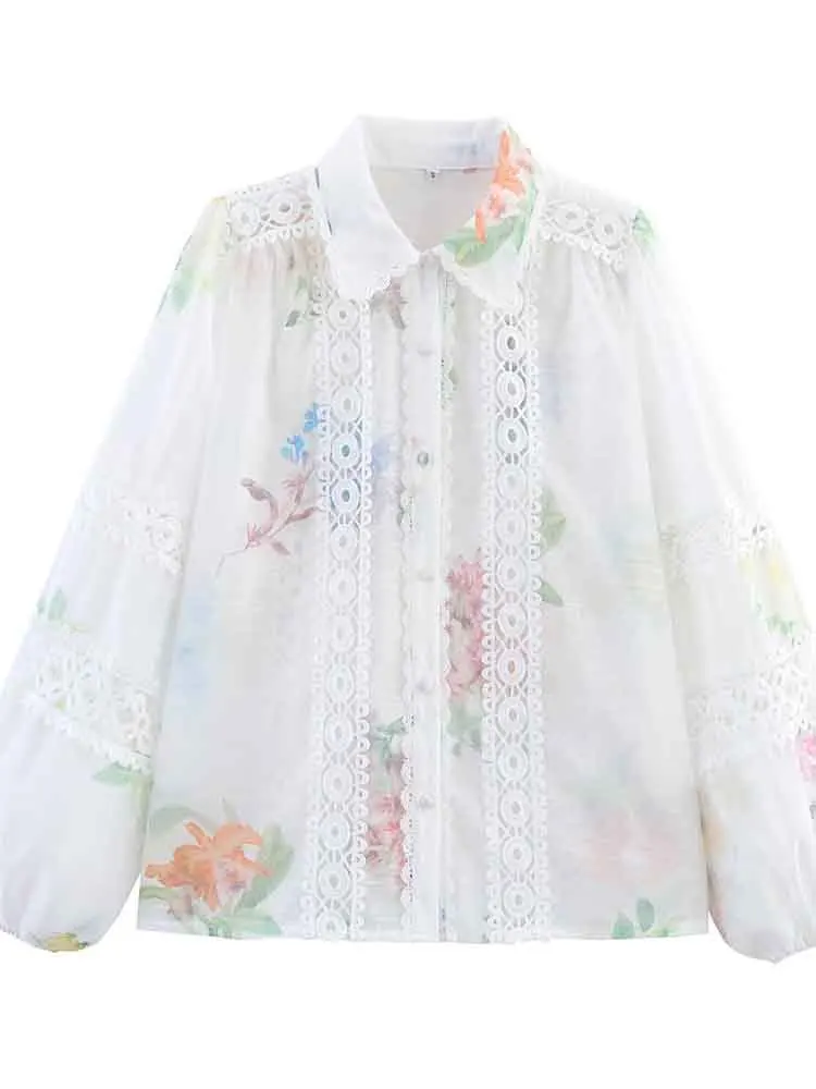 

European style new women's fashion versatile temperament simple lapel lace stitching long-sleeved shirt