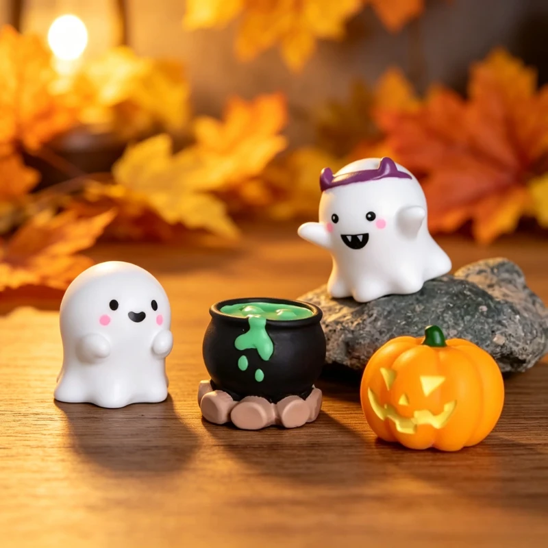 Halloween Luminous Pumpkin Figurine Mini PVC Resin LED Desktop Ghost Night Light Ornament Spooky Micro Landscape Glow Accessory