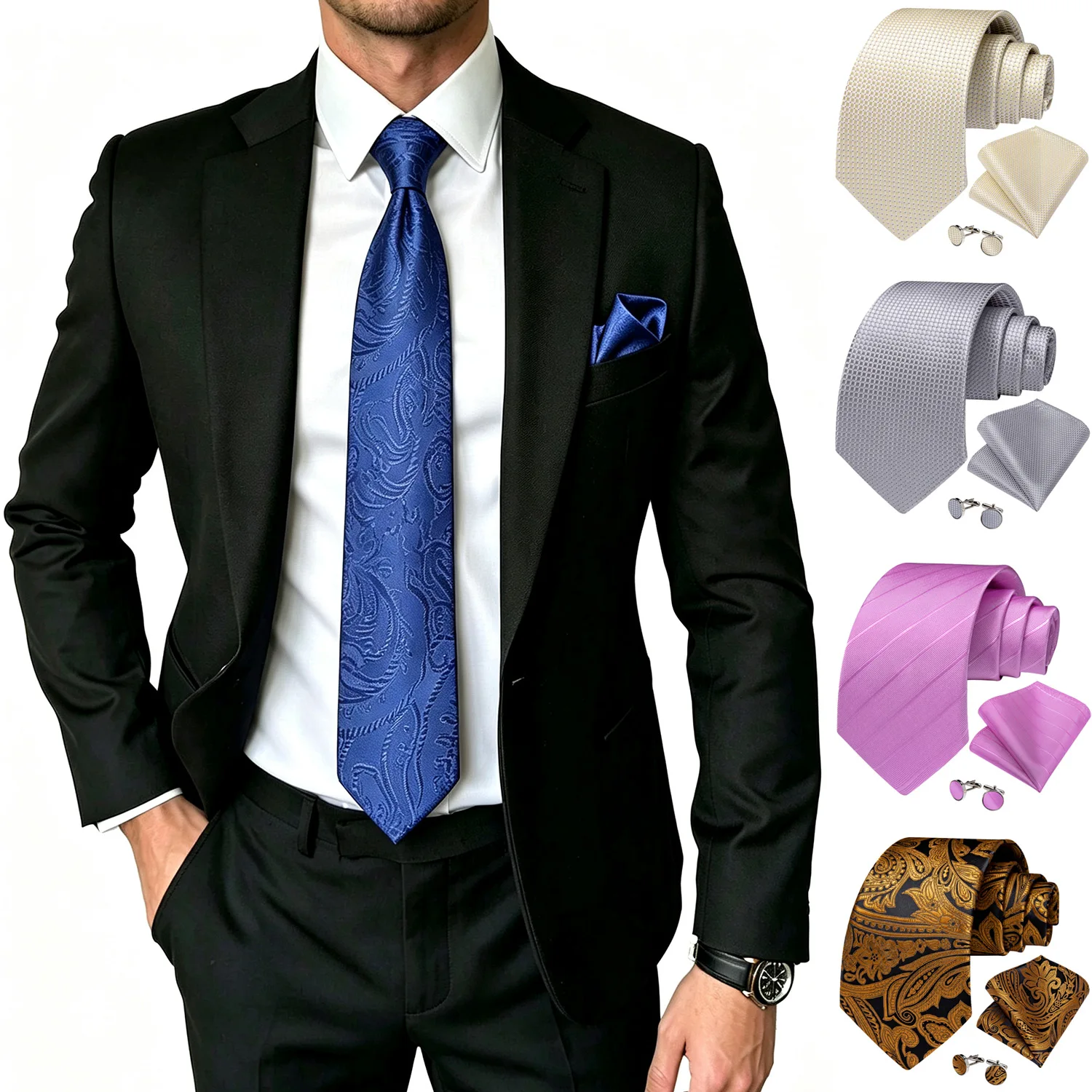 Men's Business Tie Set 3PCS, Necktie Pocket Square Cufflinks Set Multiple Styles For Wedding Daily Office