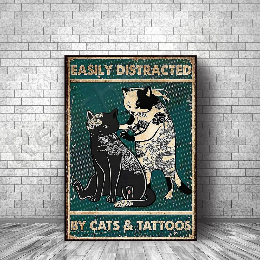 Easily distracted by cats and tattoos poster, cat print, tattoo art deco canvas print