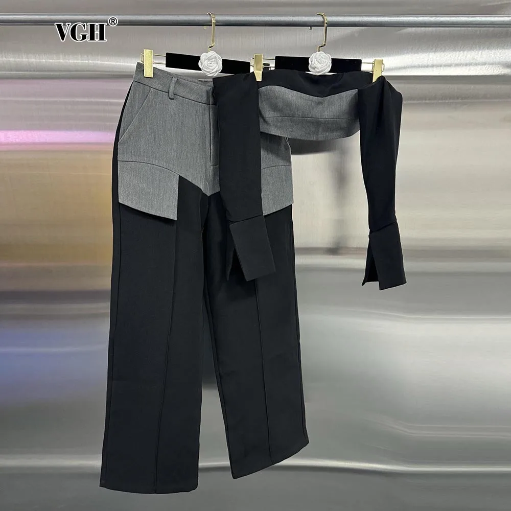 VGH Sexy Slim Two Piece Sets For Women Strapless Off The Shoulder Sleeve Tops High Waist Straight Pants Colorblack Set Female